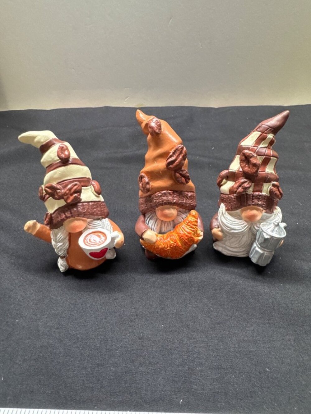 Set Of 3 Hodao Coffee-Themed Gnome Figurines With Latte Croissant & Pour-Over Po